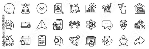 Food order, Juice and Covid app line icons pack. Share, Message, Paper plane icons. Notebook service, Yoga, Market sale web icon. Mental health, Notification calendar, Interview pictogram. Vector