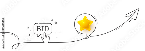 Bid offer line icon. Continuous line with share plane. Auction sign. Raise the price up symbol. 3d star in speech bubble. Bid offer single line ribbon. Loop curve pattern. Vector