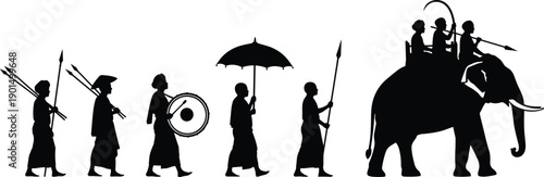 Black silhouettes of people walking with elephant