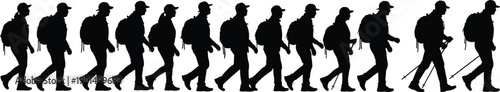 Black silhouettes of people walking with backpacks and trekking poles hats