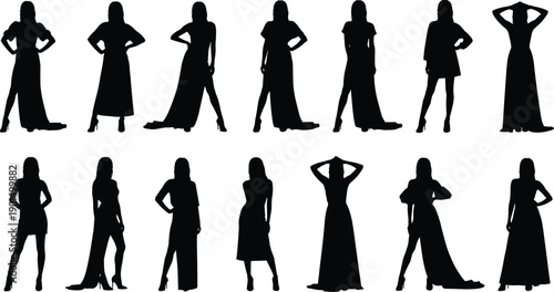 Black silhouettes of women in various poses and dresses on white background