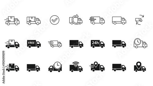 Delivery and shipping vector icons. Includes trucks, vans, express, tracking, and 24-hour service symbols for logistics, e-commerce, and digital app design