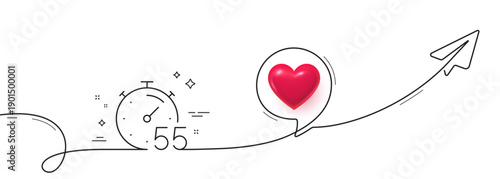 Timer 55 minutes line icon. Continuous line with share plane. Stopwatch time sign. Countdown clock symbol. 3d heart in speech bubble. Timer single line ribbon. Loop curve pattern. Vector