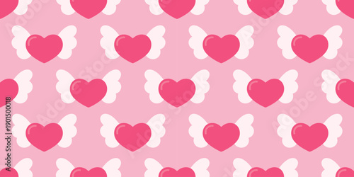 Seamless pattern with cute winged hearts on soft pink background. Romantic repeating design for Valentine projects, says love theme, wrapping paper, fabric, stationery, decor. Hand drawn. Flat vector.