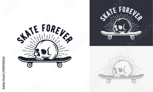 Skateboarding skull emblem on skateboard, illustration of extreme sports culture, symbolizing freedom and rebellion