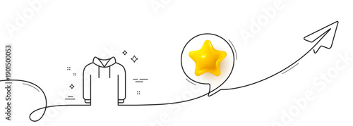 Hoody line icon. Continuous line with share plane. Hoodie wear sign. Hooded sweatshirt symbol. 3d star in speech bubble. Hoody single line ribbon. Loop curve pattern. Vector