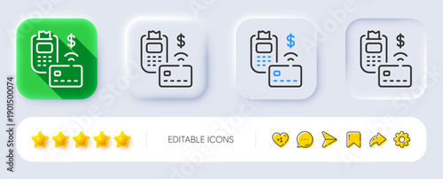 Pos terminal line icon. Neumorphic, Flat shadow, 3d buttons. Credit card sign. Non-cash money pay symbol. Line pos terminal icon. Social media icons. Vector