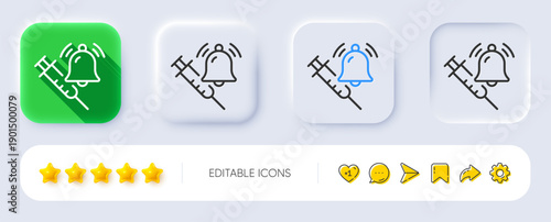 Vaccine announcement line icon. Neumorphic, Flat shadow, 3d buttons. Vaccination syringe with bell sign. Jab symbol. Line vaccine announcement icon. Social media icons. Vector