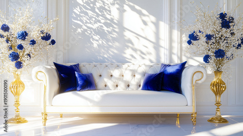 Bridgerton theme with elegant vintage decor, palette of ivory white, royal blue, and gold, refined romantic interior artwork, AI generated