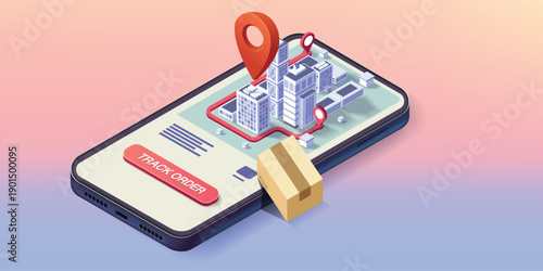 Online order tracking and delivery concept illustration with smartphone mobile application, location map pin navigation, parcel box shipment, logistics transportation system, ecommerce shipping status