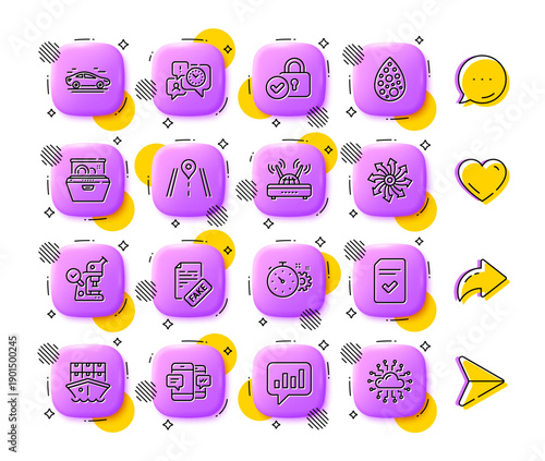 Wifi, Car and Time management line icons. App 3d buttons. Social media comment, share, like icons. Pack of Versatile, Cogwheel timer, Microscope icon. Vector