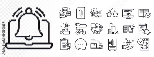 Reminder, Delivery truck and Attachment line icons for web app. Glare of light effect. Message icon. Pack of Freezing, Product knowledge, Approved documentation pictogram icons. Vector