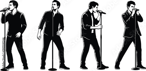 Four black and white of a man singing into a microphone singer music