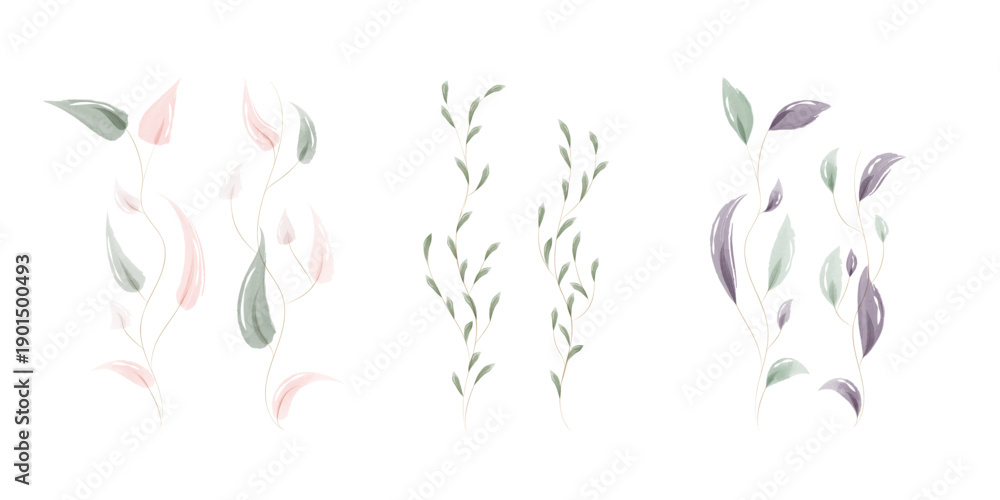 Fototapeta premium A collection of three unique watercolor leaf arrangements is displayed on a clean white background. Each set features delicate stems and leaves in soft pastel shades of pink, green, and lavender.