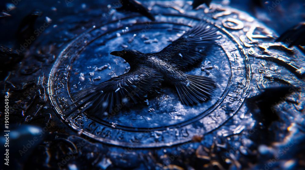 Naklejka premium Raven spirit within runic circle, stormy dark sky and flock in flight, palette of obsidian black, silver gray, and deep blue, mystical artwork, AI generated