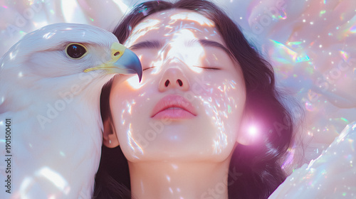 Mystical shaman meditating with falcon, ayahuasca consciousness journey, palette of blush pink, mint green, and pearl white, cheerful seasonal artwork, AI generated