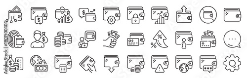 Wallet line icons. Settings gear, Message, Inflation icons. Money transfer, Credit card payment, Withdraw funds icons. Cash purse, Fingerprint access and online Wallet. Vector