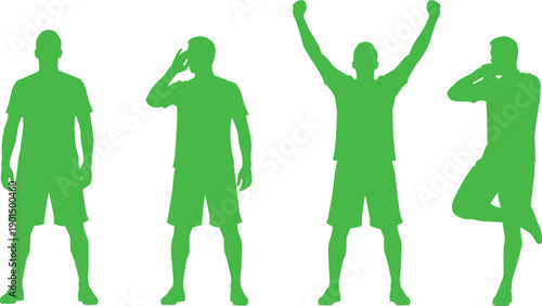 Four green silhouettes of men in various poses standing