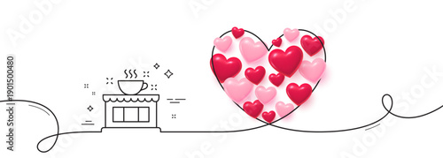 Coffee shop line icon. Continuous line big heart. Cafe house sign. Tea drink cup symbol. 3d hearts in heart shaped loop. Coffee shop single line ribbon. Loop curve pattern. Vector