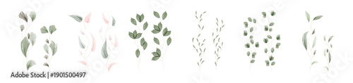 Delicate watercolor leaves and small branches painted in various styles. The botanical elements showcase soft green, muted grey, and subtle pink colors, displayed on a clean white background.