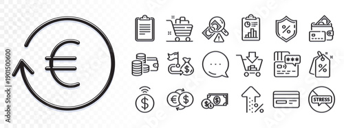 Credit card, Report and Increasing percent line icons for web app. Glare of light effect. Message icon. Pack of Stop stress, Discount tags, Financial goal pictogram icons. Vector