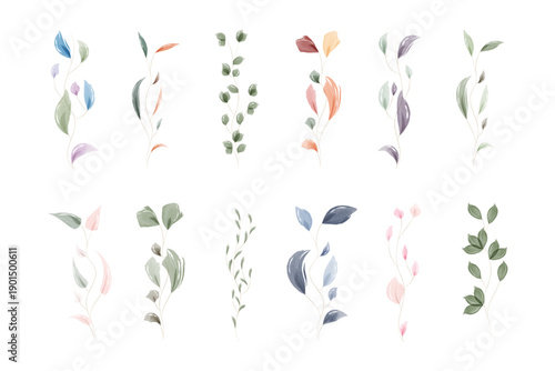 A beautiful set of twelve watercolor illustrations showcases delicate leaves and slender branches.