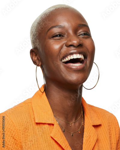 Wallpaper Mural Close-up portrait of a cheerful woman with bleached buzzcut and large hoop earrings Torontodigital.ca
