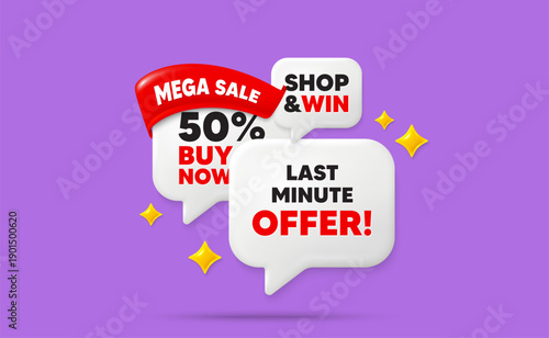 Last minute offer speech bubbles. Mega sale flag ribbon. Last minute offer tag. Special price deal sign. Advertising discounts symbol. Discount chat bubbles with 3d sparkles. Vector