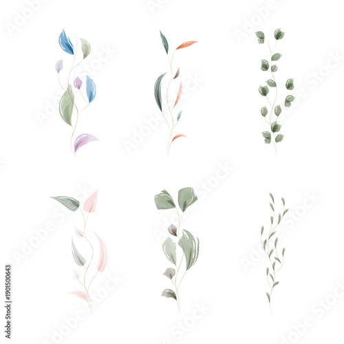 Six delicate watercolor leaves illustrations on a clean white background. This botanical set features various soft colors, depicting natural branches and foliage with artistic simplicity.