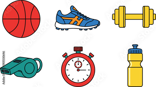 Sports equipment including basketball athletic shoe dumbbell whistle stopwatch and water bottle