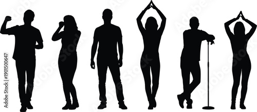 Six black silhouettes of people in various poses on white background