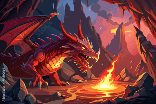 Fiery breath of mountain dragon digital painting featuring red dragon exhaling flames inside dark cave epic fantasy scene dramatic lighting powerful mythical atmosphere