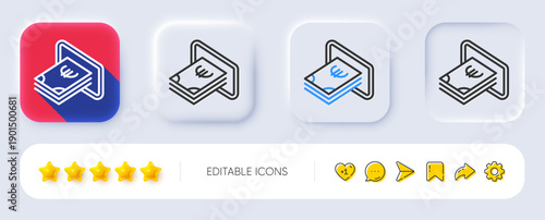 Cash money line icon. Neumorphic, Flat shadow, 3d buttons. Banking currency sign. Euro or EUR symbol. Line cash icon. Social media icons. Vector