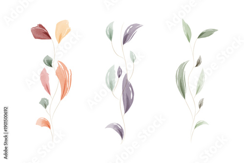 Three elegant watercolor leaf branch designs display colorful foliage. Each slender stem features delicate leaves in shades of red, orange, purple, and green.