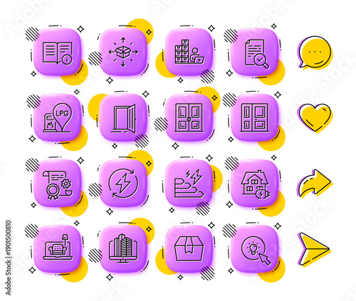 Inventory, Home charging and Furniture line icons. App 3d buttons. Social media comment, share, like icons. Pack of Consumption growth, Construction document, Open door icon. Vector