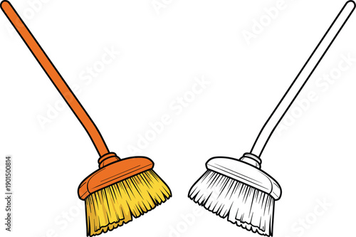 Two brooms one colored orange and yellow and the other black and white cleaning household tools