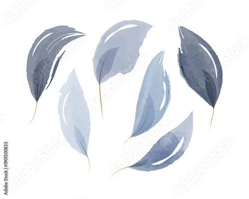 A group of elegant leaves are painted with soft watercolors. They feature varying shades of blue and grey, from light sky blue to deep slate.