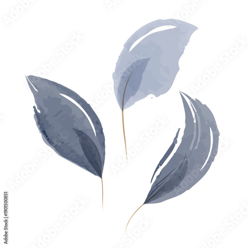 Three distinct watercolor leaves in shades of blue and gray stand upright. Each leaf has delicate vein details and a soft, artistic texture against a plain white background.
