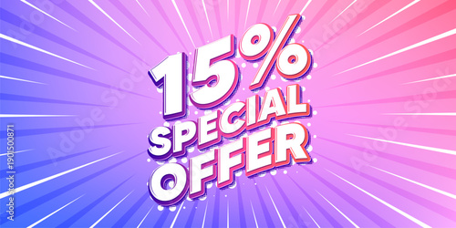 Discount sun rays gradient banner. Light burst background. 15 percent discount offer tag. Sale price promo sign. Special offer symbol. Gradient sun rays. Sunburst light. Vector