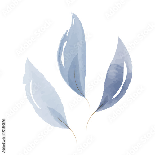 Three delicate blue watercolor leaves showcase a soft, abstract botanical design. Gentle wash textures define each leaf, accented by thin stems.