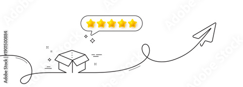 Open box line icon. Continuous line with share plane. Delivery parcel sign. Cargo package symbol. Five star rate review in speech bubble. Open box single line ribbon. Loop curve pattern. Vector