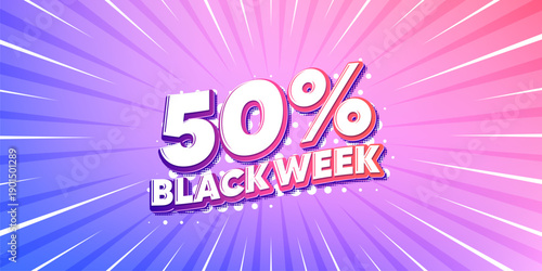 Black week sun rays gradient banner. Light burst background. Black week 50 percent sale. Special discount sign. Black friday offer symbol. Gradient sun rays. Sunburst light. Vector