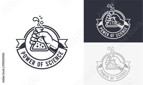 Scientific logos showcasing the power of science with test tubes and beakers in circular emblems on various backgrounds from different viewpoints