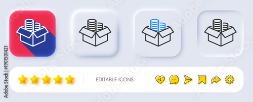 Money box line icon. Neumorphic, Flat shadow, 3d buttons. Financial trade sign. Investment symbol. Line money box icon. Social media icons. Vector
