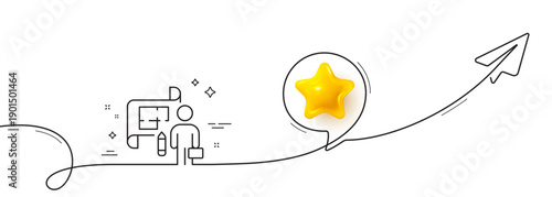 Plan line icon. Continuous line with share plane. Architect project sign. Architecture design symbol. 3d star in speech bubble. Plan single line ribbon. Loop curve pattern. Vector