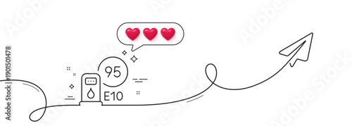 Petrol station line icon. Continuous line with share plane. Filling station sign. E10 petroleum fuel symbol. Hearts rate review in speech bubble. Petrol station single line ribbon. Vector