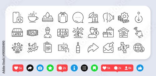 Discount coupon, Clipboard and Latex mattress line icons pack. Social media: share, comment, like icons. International recruitment, Fireworks stars, Image carousel web icon. Vector