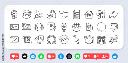 Workflow, Tested stamp and Voting ballot line icons pack. Social media: share, comment, like icons. Speech bubble, Pillow, Discount banner web icon. Search, Photo, Report pictogram. Vector