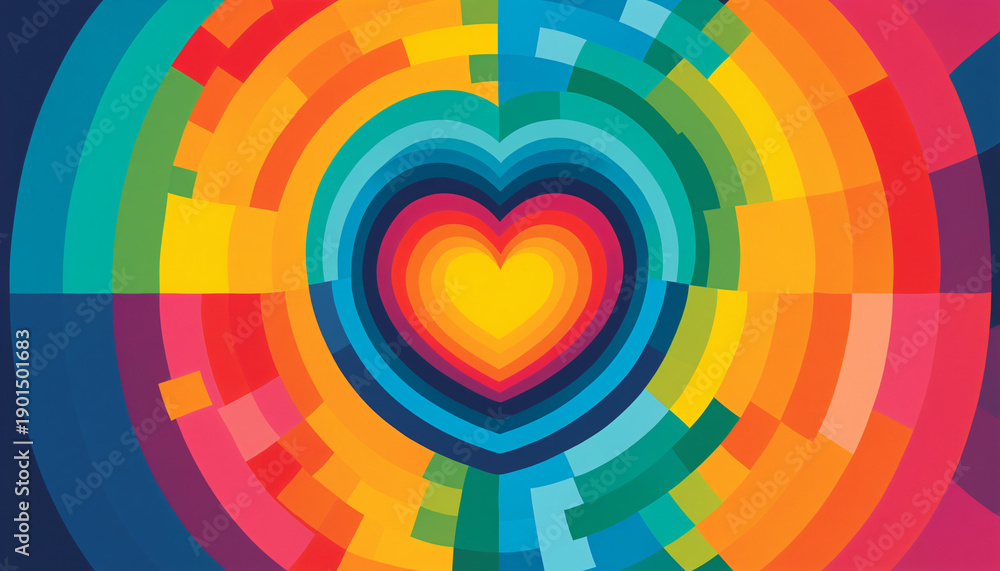 Fototapeta premium heated heart shape made of multiple concentric colored rings and arcs in a vibrant rainbow palette on a dark blue background