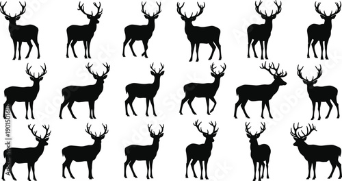 Deer silhouette illustration set, antler wildlife artwork, black animal design, forest nature concept, hunting inspiration, artistic deer poses, outdoor wildlife drawing